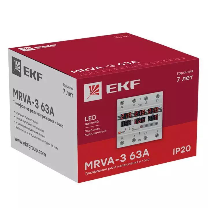 Реле напряжения и тока трехфазное с дисплеем MRVA-3 63A EKF MRVA-3-63A